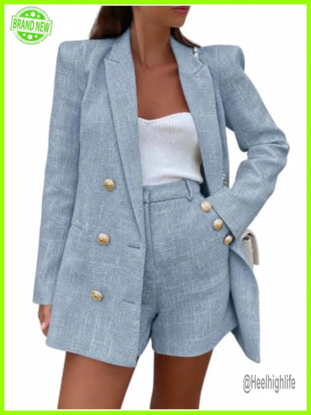 Tweed Blazer Shorts Set Women Double Breasted Business Workwear 2 Piece Suit